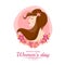 International women`s day banner with woman lady brown long hair and pink flora vector design