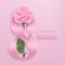 International Women`s Day greeting card with pink photorealistic rose and ribbon