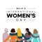 International Women`s Day. March 8. Group of five women embracing of different ages. Concept of human rights, equality. Square
