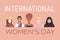 International Womens Day Banner. Vector Background with Different Nationalities and Races Women in Flat style -