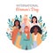 International Womens Day. Feminism and woman equality, empowerment. Sisterhood, friend support. Vector illustration in