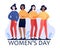 International womens day postcard with four strong female characters of different cultures and ethnicities standing