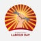 International Workers Day background. Happy labour day design with hand holding pliers and sunburst background
