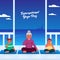 International Yoga Day Concept With Cartoon Woman And Children Doing Alternate Nostril Breath Yoga Against Blue Seaside