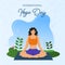 International Yoga Day Concept With Young Lady Meditating At Mat And Floral On Blue