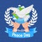 Internationl Peace Day logo or banner with white dove on the world and olive branches