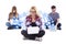 Internet chat concept - two teenage girls and one boy sitting wi