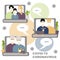 Internet communication with family concept. Three families communicate on the Internet through laptops. Coronavirus concept Novel