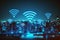 Internet conection and technology concept. Wifi icon over city skyline bokeh background. Generative ai