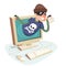 Internet personal data steal thief fishing computer pc character cartoon design retro vector illustration