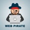 Internet pirate with a laptop computer. vector flat isolated character illustration. web and download content concept
