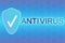 Internet security. Bright blue background with digital shield. Antivirus protection. Cyber defense concept