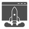 Internet startup browser window solid icon. Web page with rocket launch. Information technology vector design concept