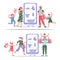 Internet store set. Families buying online using mobile app, vector isolated.