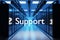 Internet support service logo in large modern data center with multiple rows of server racks, 3D Illustration