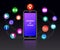 Internet of things concept. IOT web banner. Smartphone with colorful mobile app icons connected by lines isolated, black backgrond