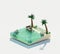 Internet, Travel and vacation background. 3d illustration with a cut sea and a beautiful island. Children`s island isolated on