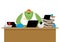 Internet trol. Big green monster and laptop. Vector illustration