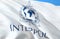 Interpol flag waving in the wind, 3D rendering. Interpol Europe. Europe Secret Service. Central Intelligence Agency. Security
