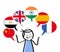 Interpreter, stick figure speaking different languages, six speech balloons Chinese, English, Arabic, Spanish, French, Indian flag