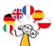 Interpreter, stick figure speaking different languages, six speech balloons Italian, German, British, Spanish, French, Polish flag