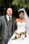 Interracial couple portrait african american caucasian taking wedding