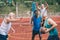 interracial elderly sportsmen playing basketball together