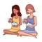 Interracial pregnancy mothers seated lifting little babies characters