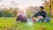 Interracial Young couple resting in a park with a dog. Asian man stroking a dog, Caucasian woman reading e-book reader