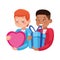 Interracial young fathers with gift and heart characters