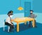 Interrogation room with a policeman and a sick coronavirus quarantine violator. Questioning  infected, without a mask, ban on