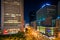 The intersection of Lombard & Light Streets at night, in downtown Baltimore, Maryland