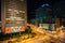 The intersection of Lombard & Light Streets at night, in downtown Baltimore, Maryland