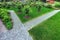 The intersection of paved paths surrounded by a lawn with free-standing plants