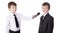 Interview concept - two little boys in business suits with micro