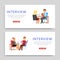 Interview inscription on banner, set business posters, staff office, manager work, design, cartoon style vector