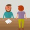 Interview for a job. Two young men from different sides of the table. Resume paper blank on the table. Vector illustration in flat
