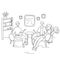 Interview show. Interviewer asks young man questions. Two men sit on chairs and talk. Hand drawn vector illustration in cartoon