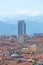 Intesa Sanpaolo bank skyscraper designed by Renzo Piano and Turin city rooftops view in a sunny day in Italy