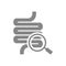 Intestine with magnifying glass grey icon. Organ research, analyzes symbol.