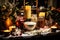 Intimate capture of a gourmet hot chocolate station, complete with a variety of premium chocolates, flavored syrups, and