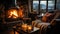 Intimate evening by the fireplace with candles, a cozy blanket, and a leather chair, offering a serene mountain view through