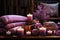 Intimate evening setting, lit candles, books, and flowers creating a relaxing ambiance.