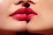 Intimate Moment: A Close-Up of a Tender Kiss with Contrasting Lipstick Shades. Generative ai