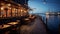 intimate restaurant by the sea night scene, harbor with boats docked