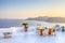 Intimate Romantic Places. Open Air Terrace Restaurant in Beautiful Oia Village on Santorini Island in Greece in Front of Volcanic