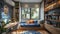 Intimate shot capturing a study corner with a sturdy desk, shelves filled with books and trophie