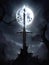 An intimidating black sword its hilt encircled by a s glowing in the light of a full moon. Gothic art. AI generation