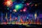 Intricate art of night sky with cloud and moon, fire work display over the city, generative AI