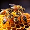 Intricate close-up of busy honey bees collecting nectar on honeycombs in the vibrant beehive